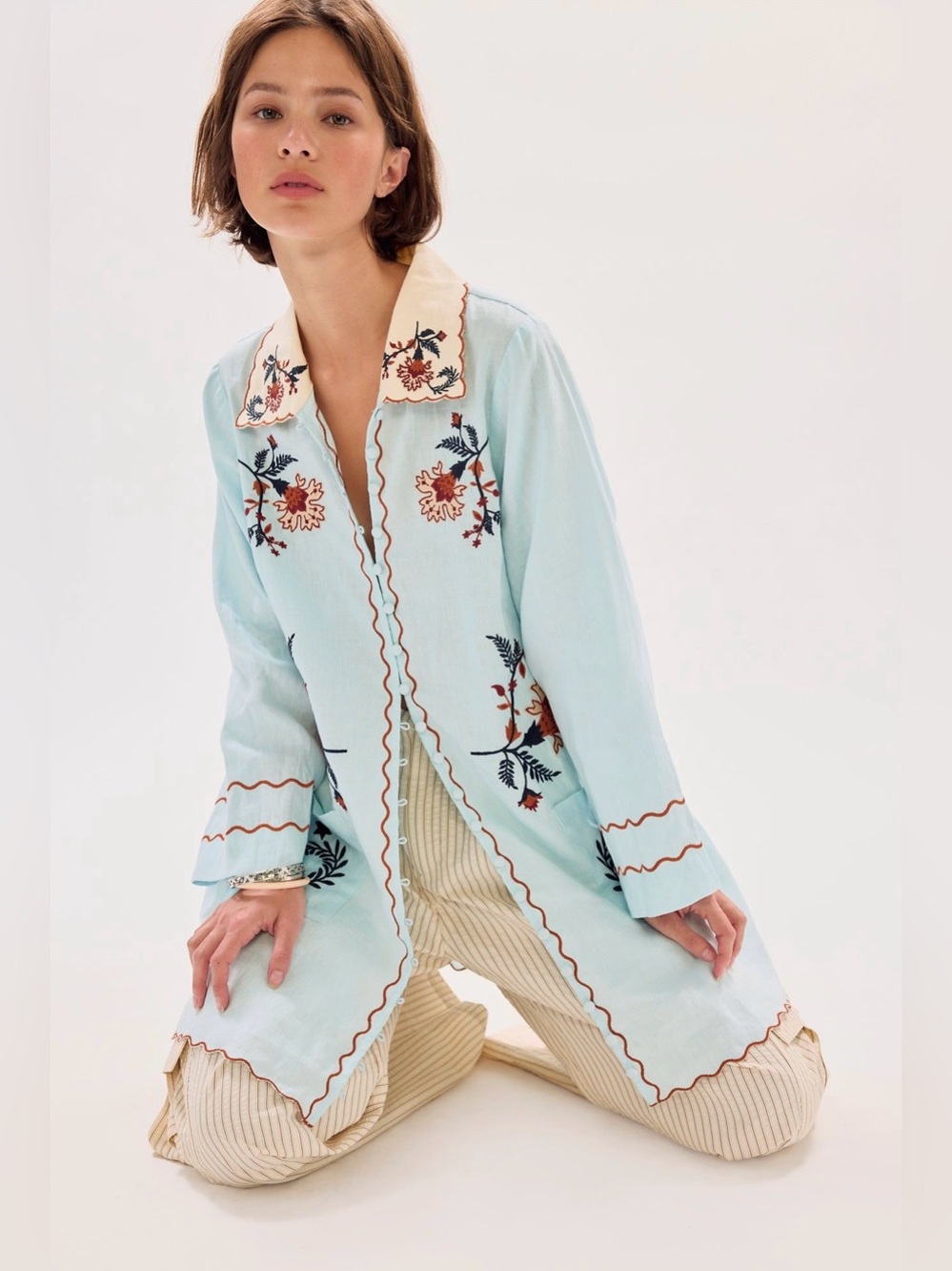 Free People Bohemian Traders Scalloped Mini Dress Embroidered 💯 Linen NWT